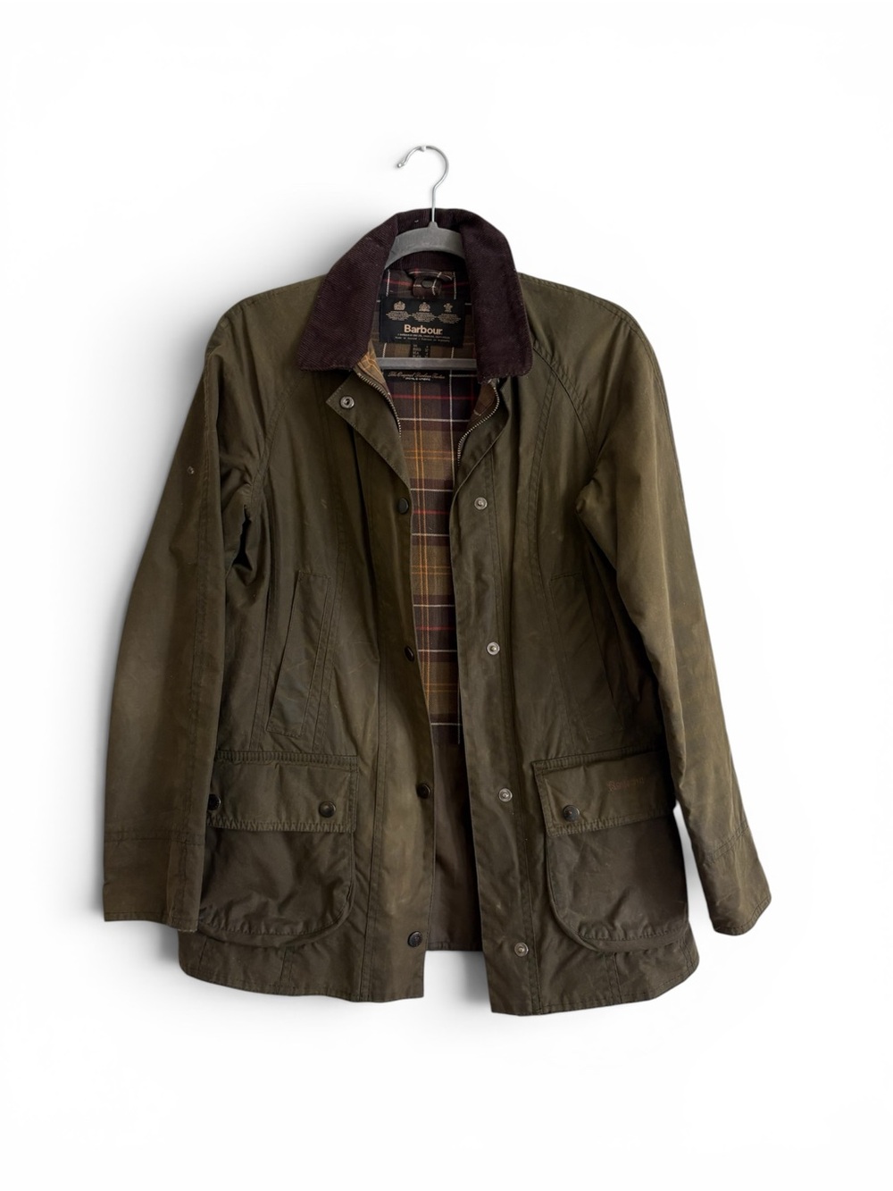 Barbour Olive Green Waxed Field Jacket with Brown Cord Collar